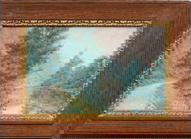 Antique European Impressionist Sunlit Framed River Landscape Oil Painting