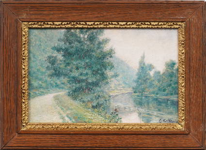 Antique European Impressionist Sunlit Framed River Landscape Oil Painting: Antique European landscape oil painting . Oil on canvas. Signed. Framed. Measuring: 8 by 11 inches overall, and 6 by 9 painting alone. Please see all images for condition. Size is measured and