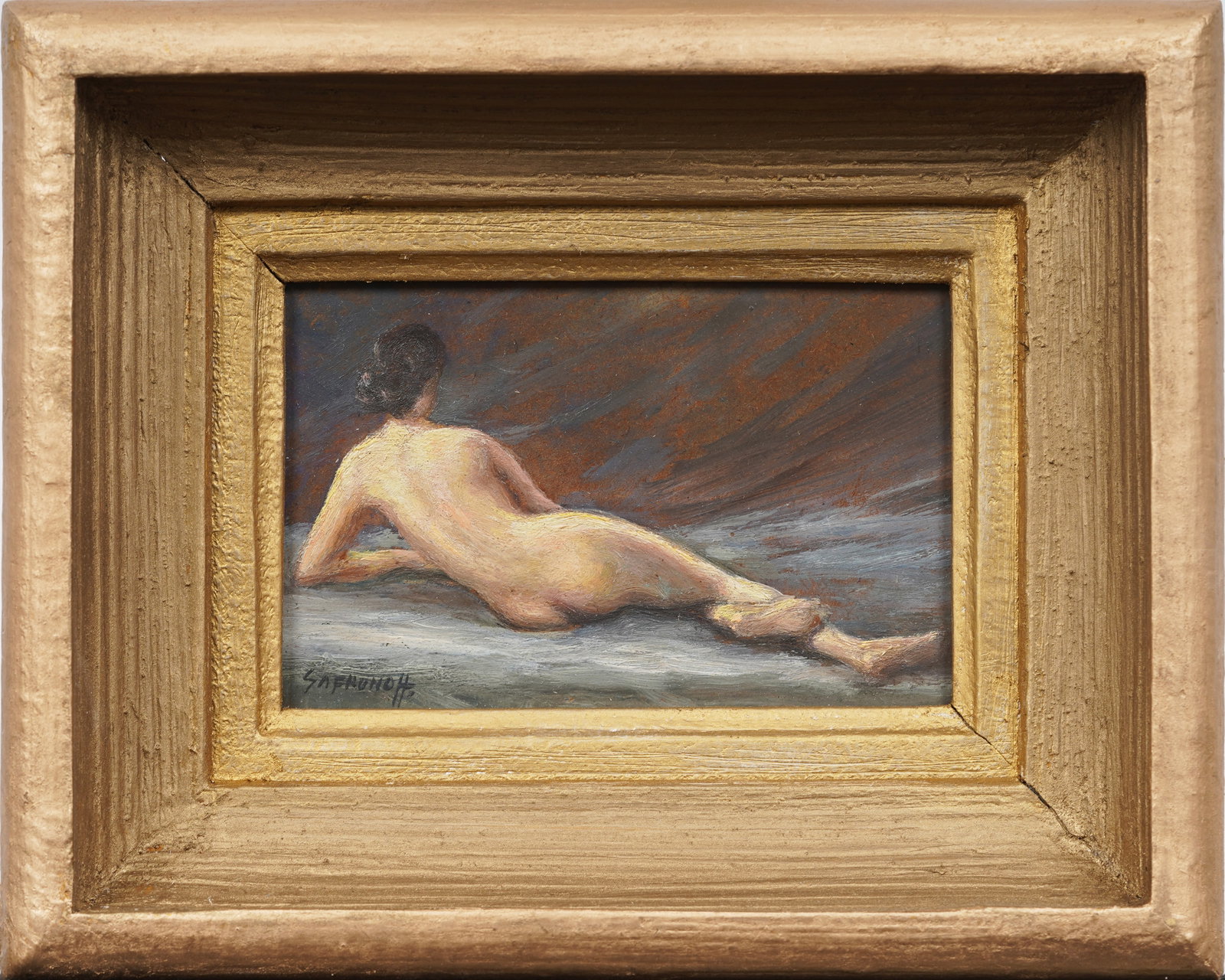 Nicolas Safronoff (Born 1898) Antique Russian Signed Nude Woman Portrait Framed Oil Painting: Antique Russian nude oil painting . Oil on board. Signed. Framed. Measuring: 7 by 9 inches overall, and 4 by 6 painting alone. Please see all images for condition. Size is measured and written on the 
