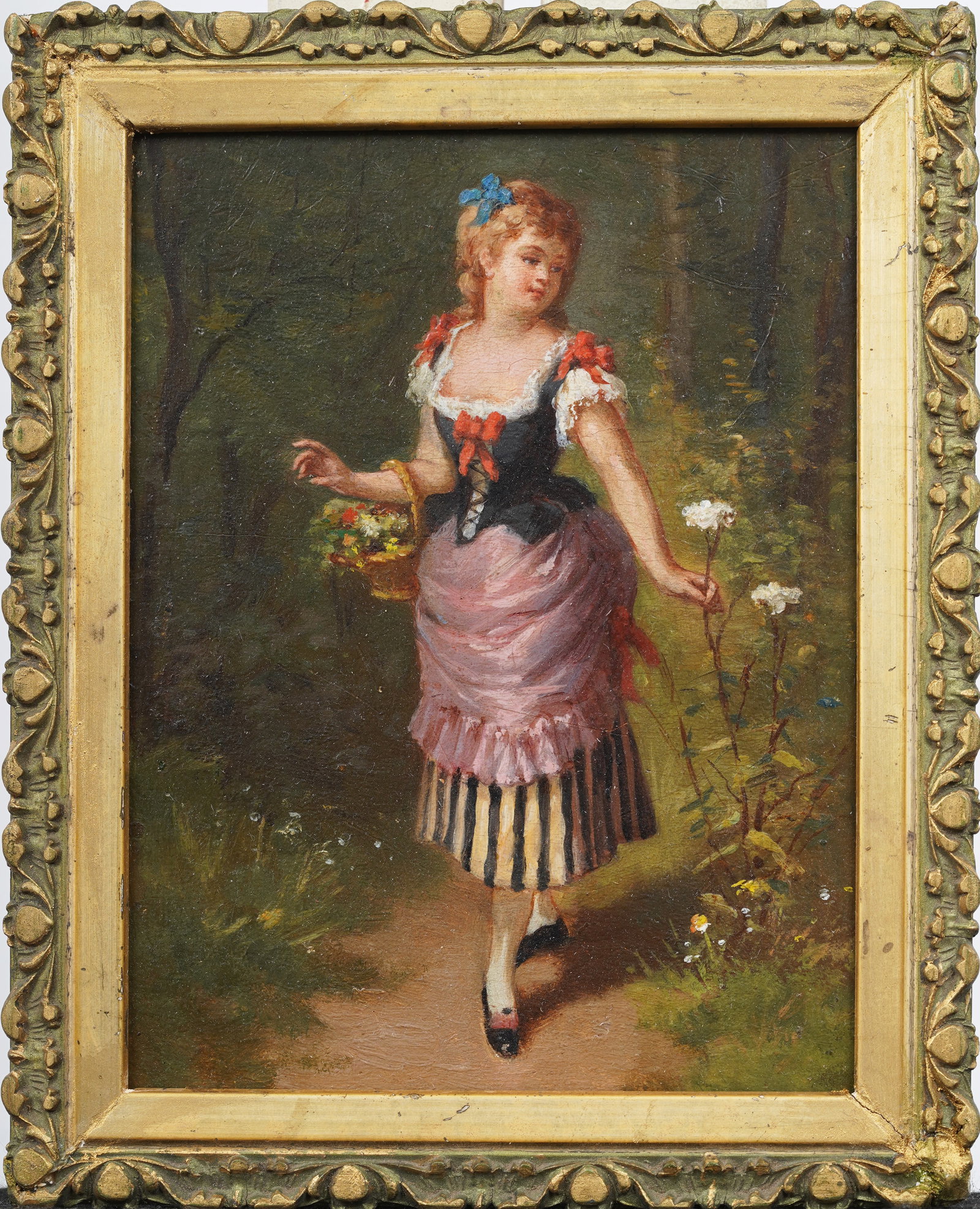 Antique European Impressionist Flower Picking Portrait Framed Oil Painting: Antique European portrait oil painting . Oil on board. Signed. Framed. Measuring: 8 by 6 inches overall, and 7 by 5 painting alone. Please see all images for condition. Size is measured and written on