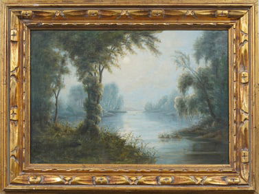 Antique French Impressionist Barbizon School Framed River Landscape Oil Painting