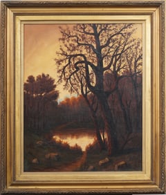 Antique European Sunset Impressionist Framed Landscape Oil Painting