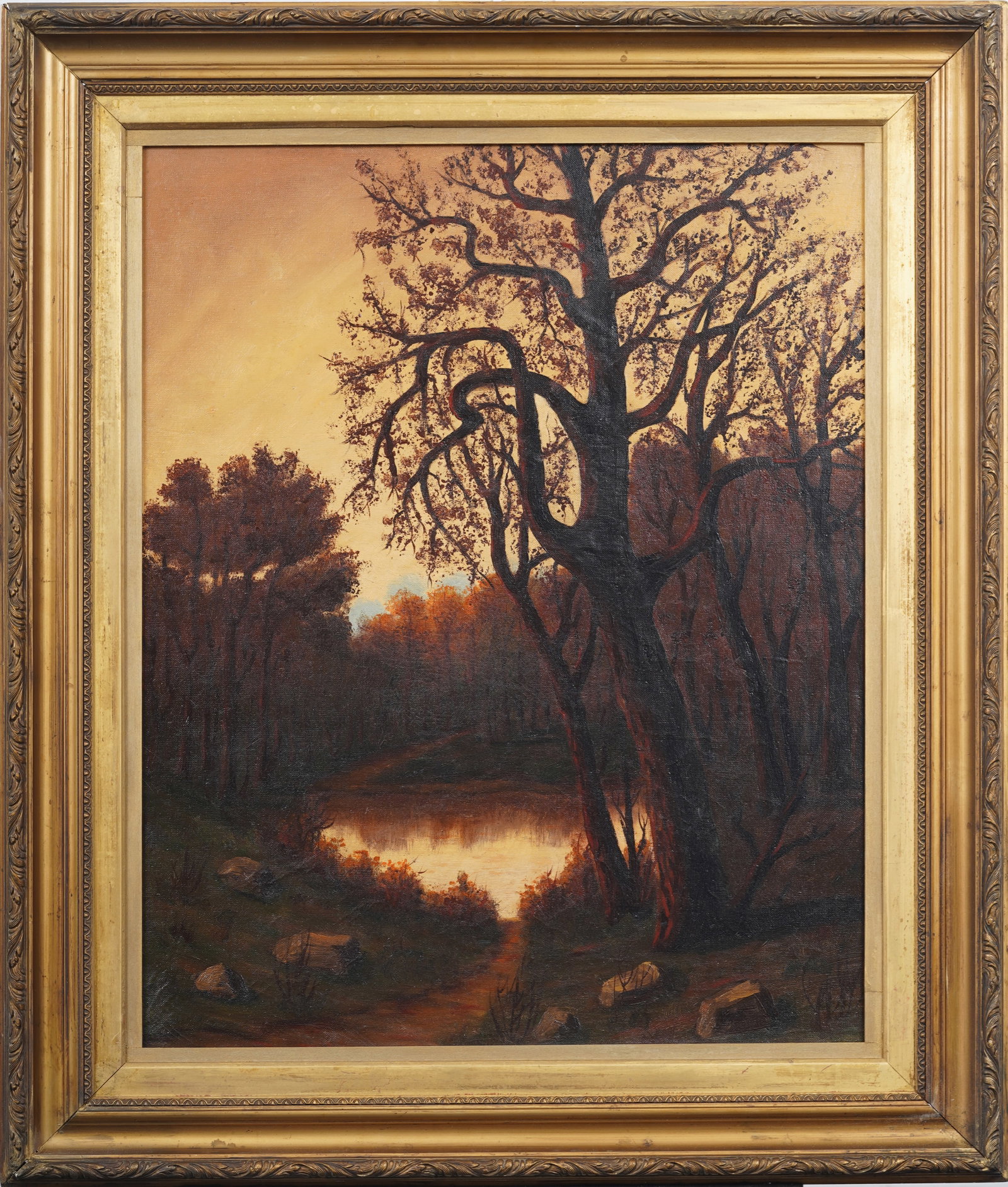Antique European Sunset Impressionist Framed Landscape Oil Painting: Antique European sunset landscape oil painting . Oil on canvas. Framed. Measuring: 33 by 28 inches overall, and 26 by 21 painting alone. Please see all images for condition. Size is measured and writt