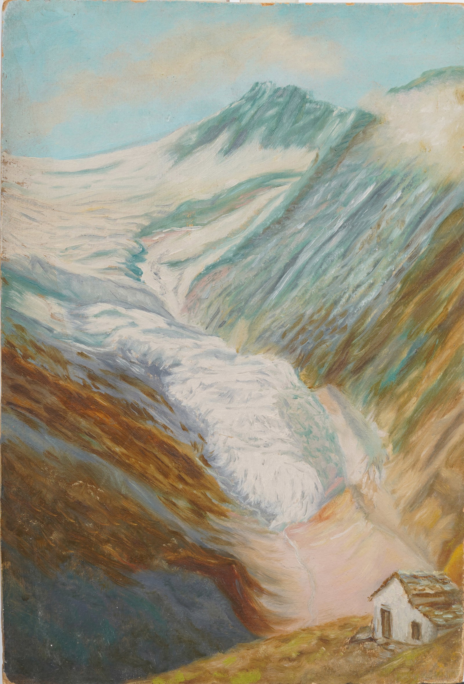 Antique European Historical Glacier Landscape Scandinavian Oil Painting: Antique European landscape oil painting . Oil on board. Measuring: 18 by 12 inches overall. Please see all images for condition. Size is measured and written on the back of the painting. The first siz