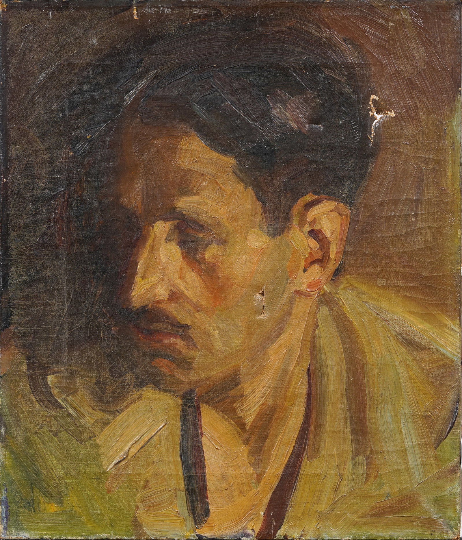Antique American Ashcan School Male Portrait Oil Painting: Antique American oil painting . Oil on canvas. Needs restoration as photographed. Measuring: 14 by 12 inches overall. Please see all images for condition. Size is measured and written on the back of t