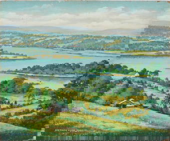 Antique American School Signed Catskill Mountain Landscape Oil Painting