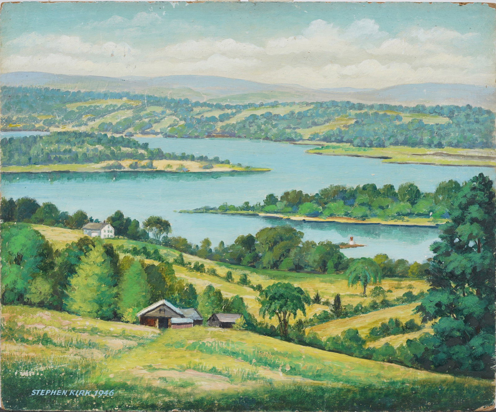 Antique American School Signed Catskill Mountain Landscape Oil Painting: Antique American school landscape oil painting . Oil on board. Signed. Measuring: 14 by 17 inches overall. Please see all images for condition. Size is measured and written on the back of the painting