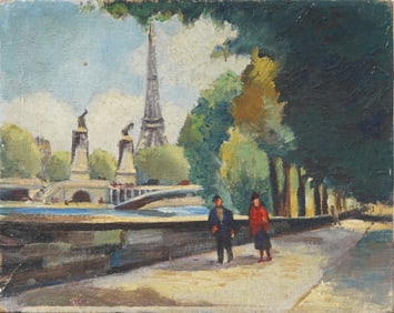 Antique French Impressionist Paris Street Scene with Eiffel Tower Oil Painting