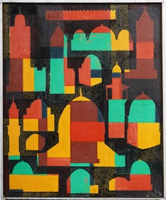 Vintage Signed Orientalist Middle Eastern Modernist Abstract Cityscape Framed Oil Painting