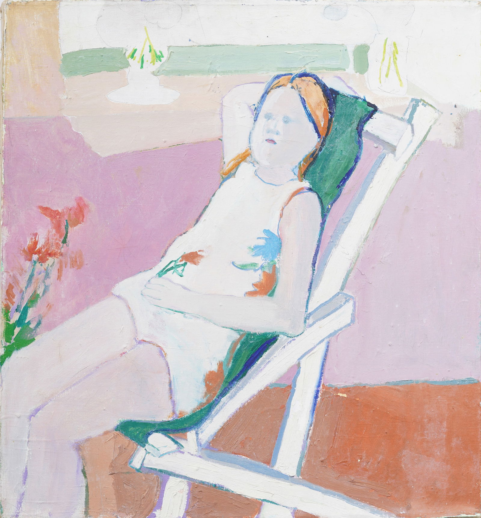 Antique American Modernist Reclining Sun Lounging Summer Portrait Oil Painting: Antique American modernist portrait oil painting . Oil on canvas. Measuring: 24.25 by 22.25 inches overall. Please see all images for condition. Size is measured and written on the back of the paintin