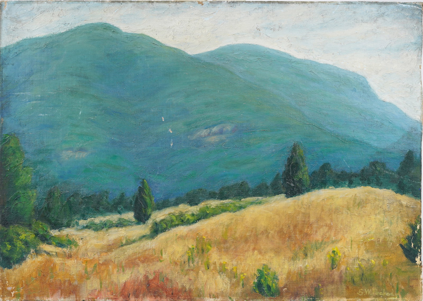 Antique American Impressionist Signed Landscape Oil Painting: Antique American impressionist landscape oil painting . Oil on board. Signed. Measuring: 14 by 20 inches overall. Please see all images for condition. Size is measured and written on the back of the p