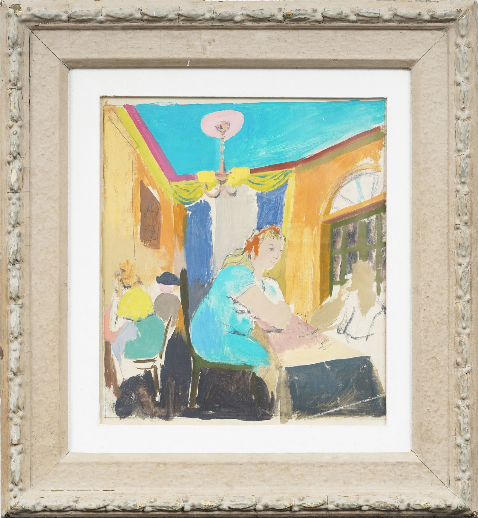 Antique American Modernist New York School Interior Scene Framed Oil Painting Will Barnet School: Antique American modernist interior scene painted in the style of an early Will Barnet work. Oil and mixed media on paper. No signature found. Framed. Measuring: 19 by 17 inches overall, and 14.5 by 1