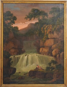 Antique European Old Master Sunset Landscape Nicely Framed Large Oil Painting