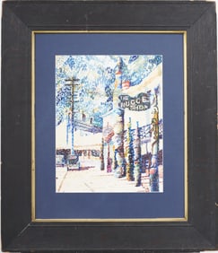 Rare Antique Alaskan Pointillist Juneau Street Scene "The Nugget Shop" Framed Painting
