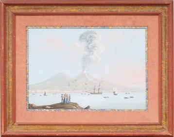 Antique Italian Gouache Gulf of Naples Mt Vesuvius Erupting Volcano Seascape Painting