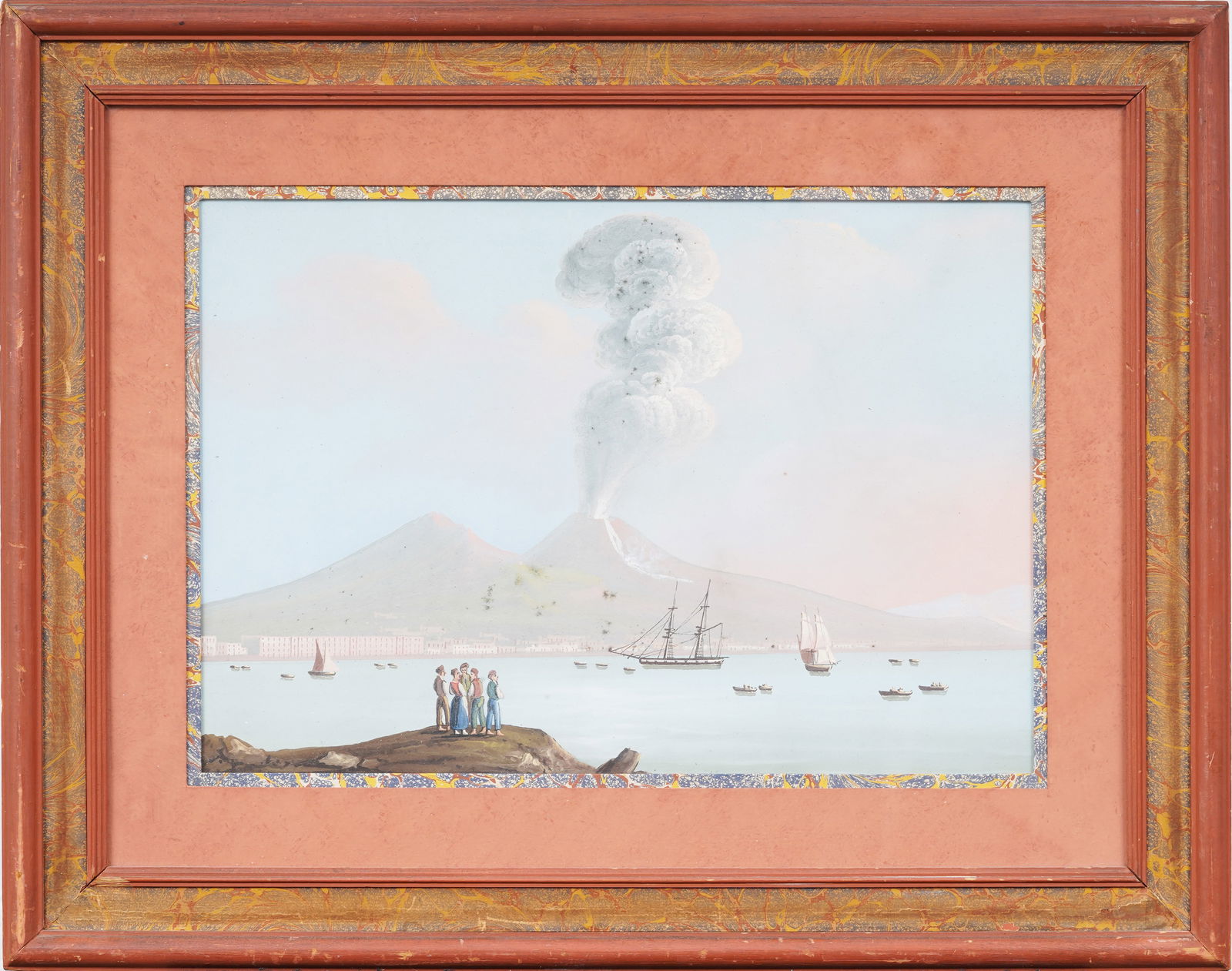 Antique Italian Gouache Gulf of Naples Mt Vesuvius Erupting Volcano Seascape Painting (1 of 7)