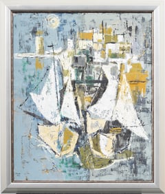 Vintage 1963 American Mid Century Modern Cubist Seascape Framed Abstract Oil Painting