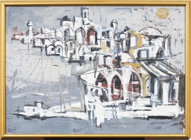 Antique Israeli Signed Modernist Cityscape Framed Cubist Original Oil Painting