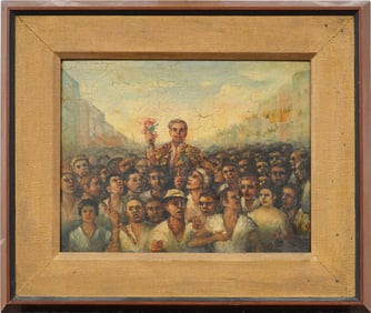 Antique American Modernist WPA Street Scene Parade View Framed Oil Painting