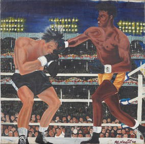 Vintage Signed American Sporting Art Detailed Boxing Scene Original Oil Painting