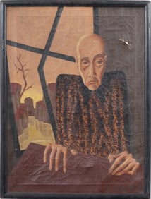 "The Sorcerer" Antique American Modernist Signed Surreal Male Witch Portrait Original Oil Painting