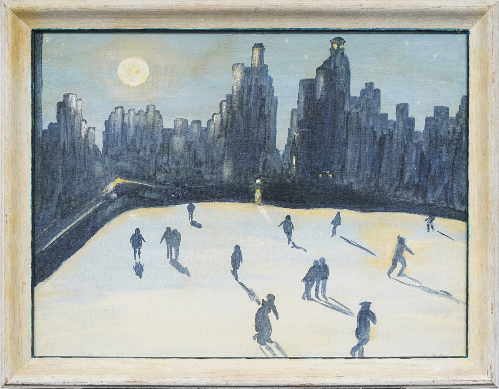 Moonrise over Manhattan Vintage American School Modernist Cityscape Framed Oil Painting: Vintage American oil painting . Oil on board. Signed. Framed. Measuring: 21 by 27 inches overall, and 18 by 24 painting alone. Please see all images for condition. Size is measured and written on the 