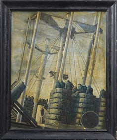 Antique American School WPA Navy Ship Historical Detailed Seascape Modernist Framed Oil Painting