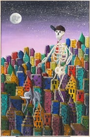 Large American Surreal Skeleton Walking Thru Cityscape Framed Oil Painting