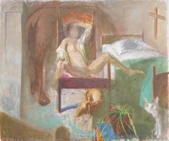 Vintage American Modernist Interior Scene Nude Symbolist Portrait Oil Painting