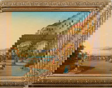 Antique European 18th Century Lakeside City Large Framed Impressionist Fountain Oil Painting
