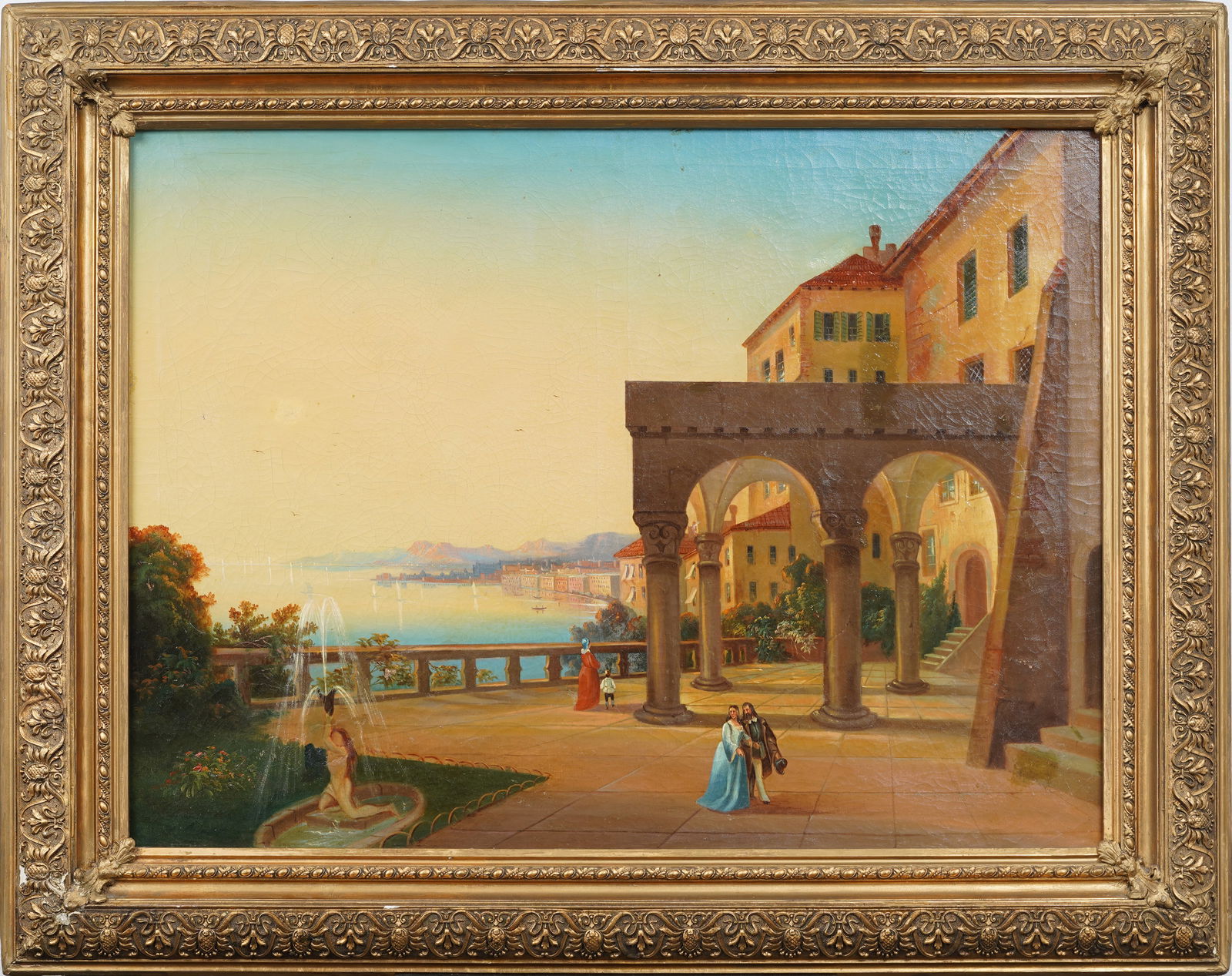 Antique European 18th Century Lakeside City Large Framed Impressionist Fountain Oil Painting (1 of 9)