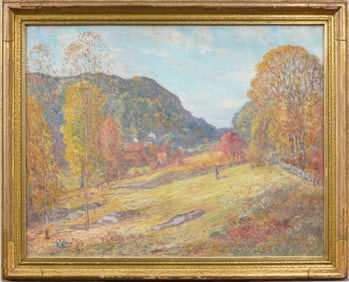 Large Antique American Impressionist Fall Landscape Gold Giltwood Framed Original Oil Painting
