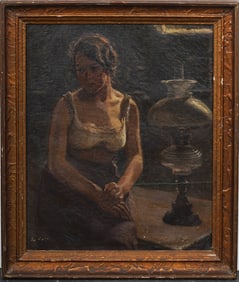 Large Antique American Impressionist Nocturnal Interior Scene Portrait Framed Original Oil Painting