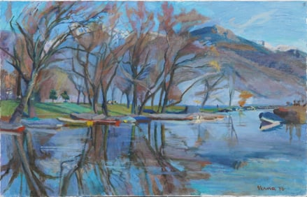 Large Vintage American Modernist Lake Landscape Signed Original Oil Painting