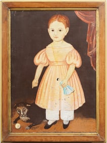 Antique Style Contemporary American Folk Art Young Girl Portrait Framed Oil Painting