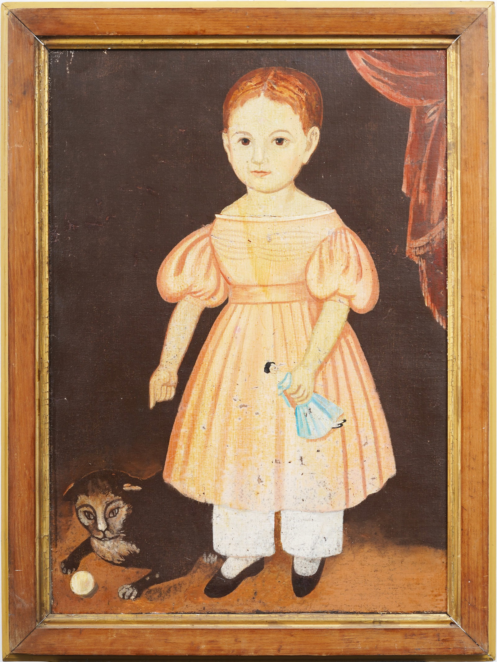 Antique Style Contemporary American Folk Art Young Girl Portrait Framed Oil Painting: Antique Style American oil painting . Oil on canvas. Framed. Measuring: 31 by 23 inches overall, and 27 by 19 painting alone. Please see all images for condition. Size is measured and written on the b