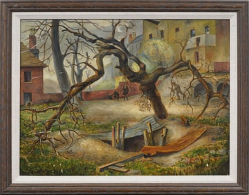 Antique American WPA Urban Landscape Framed Original Modernist Figural Oil Painting