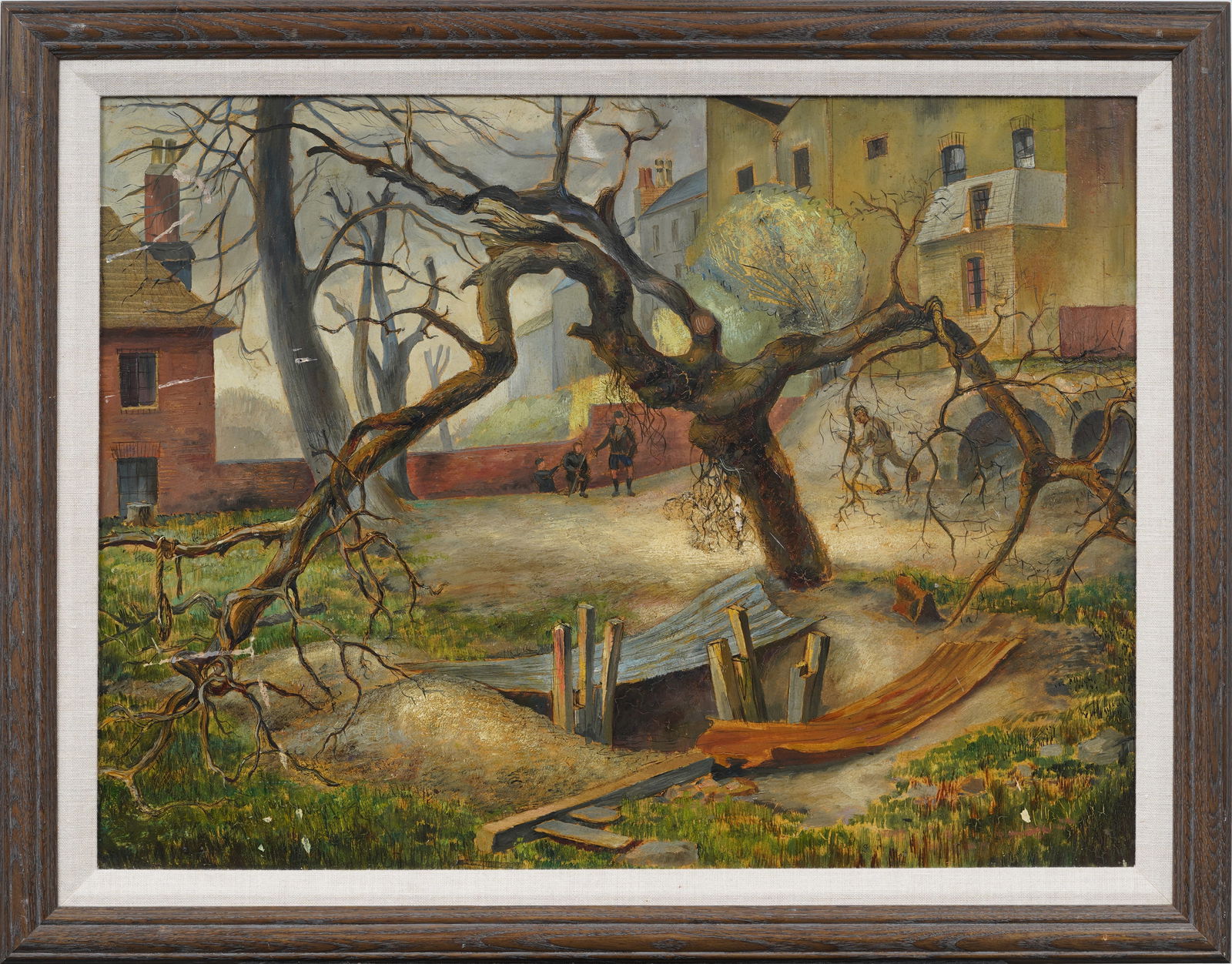 Antique American WPA Urban Landscape Framed Original Modernist Figural Oil Painting (1 of 6)