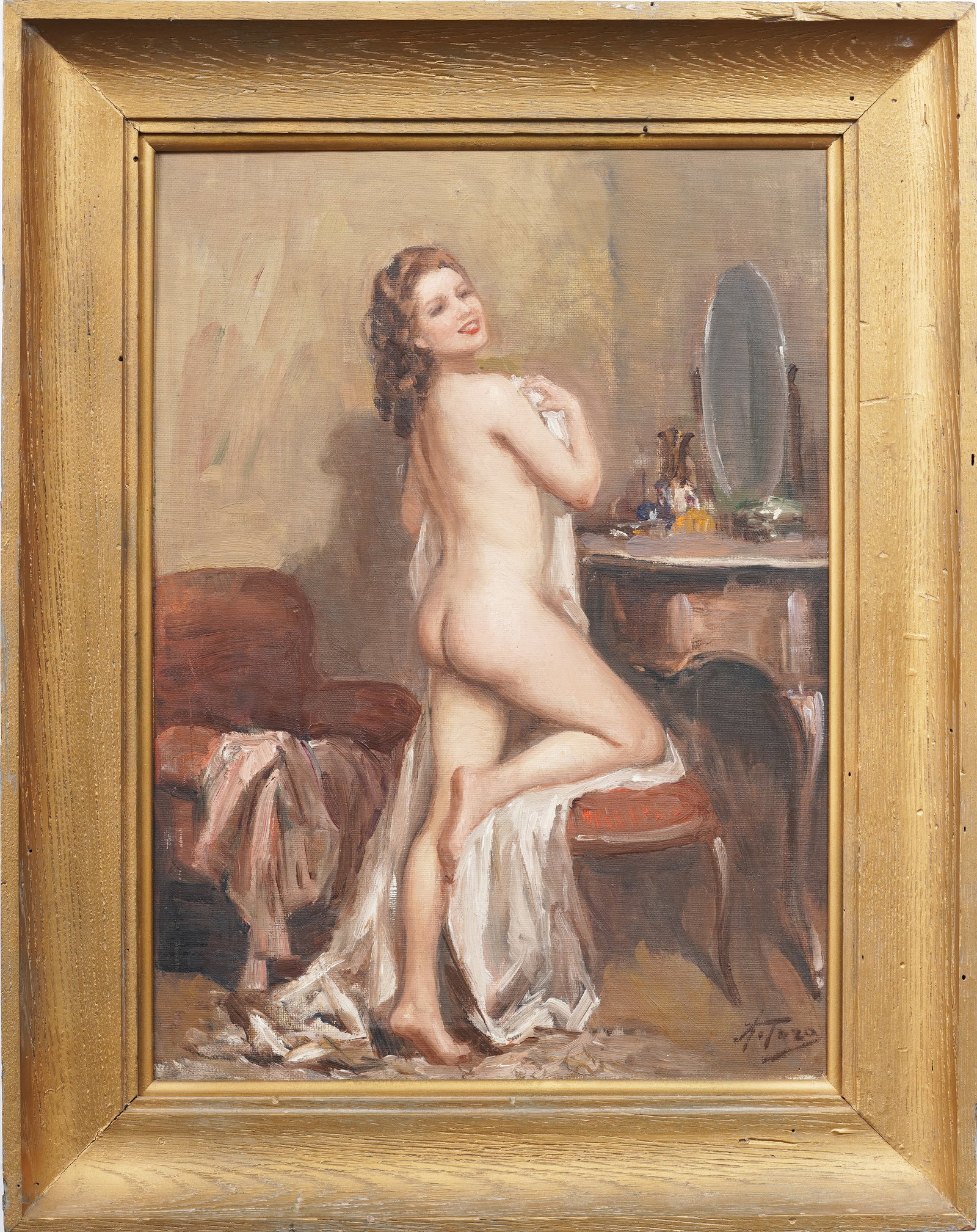 Antique American or European Signed Interior Scene Nude Woman Portrait Framed Oil Painting: Antique American or European oil painting . Oil on canvas. Signed. Framed. Measuring: 24 by 19 inches overall, and 19 by 14 painting alone. Please see all images for condition. Size is measured and wr