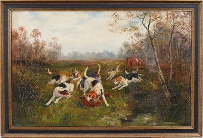 Antique English Fox Hunt Dog Chase Large Framed Landscape Oil Painting