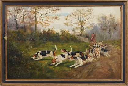 Antique English Fox Hunt Dog Chase Large Framed Landscape Oil Painting