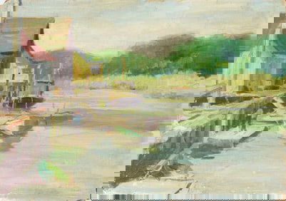 Antique American Impressionist River Dock WPA Oil Painting
