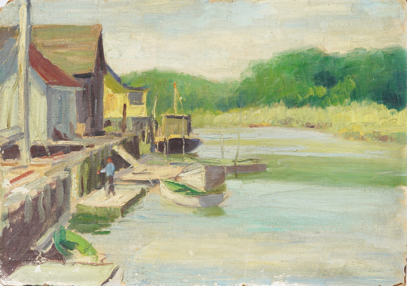 Antique American Impressionist River Dock WPA Oil Painting: Antique American oil painting. Oil on canvasboard. Measuring: 14 by 20 inches overall. Please see all images for condition. Size is measured and written on the back of the painting. The first size is 