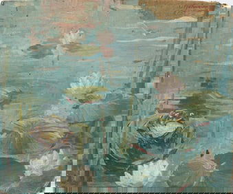 Antique American or European Impressionist Frog on Lilypad Signed Oil Painting