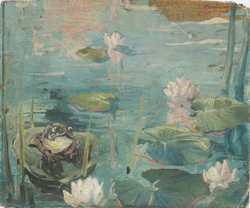 Antique American or European Impressionist Frog on Lilypad Signed Oil Painting