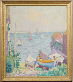 Antique American Impressionist Cape Cod Seascape Boston School Framed Oil Painting