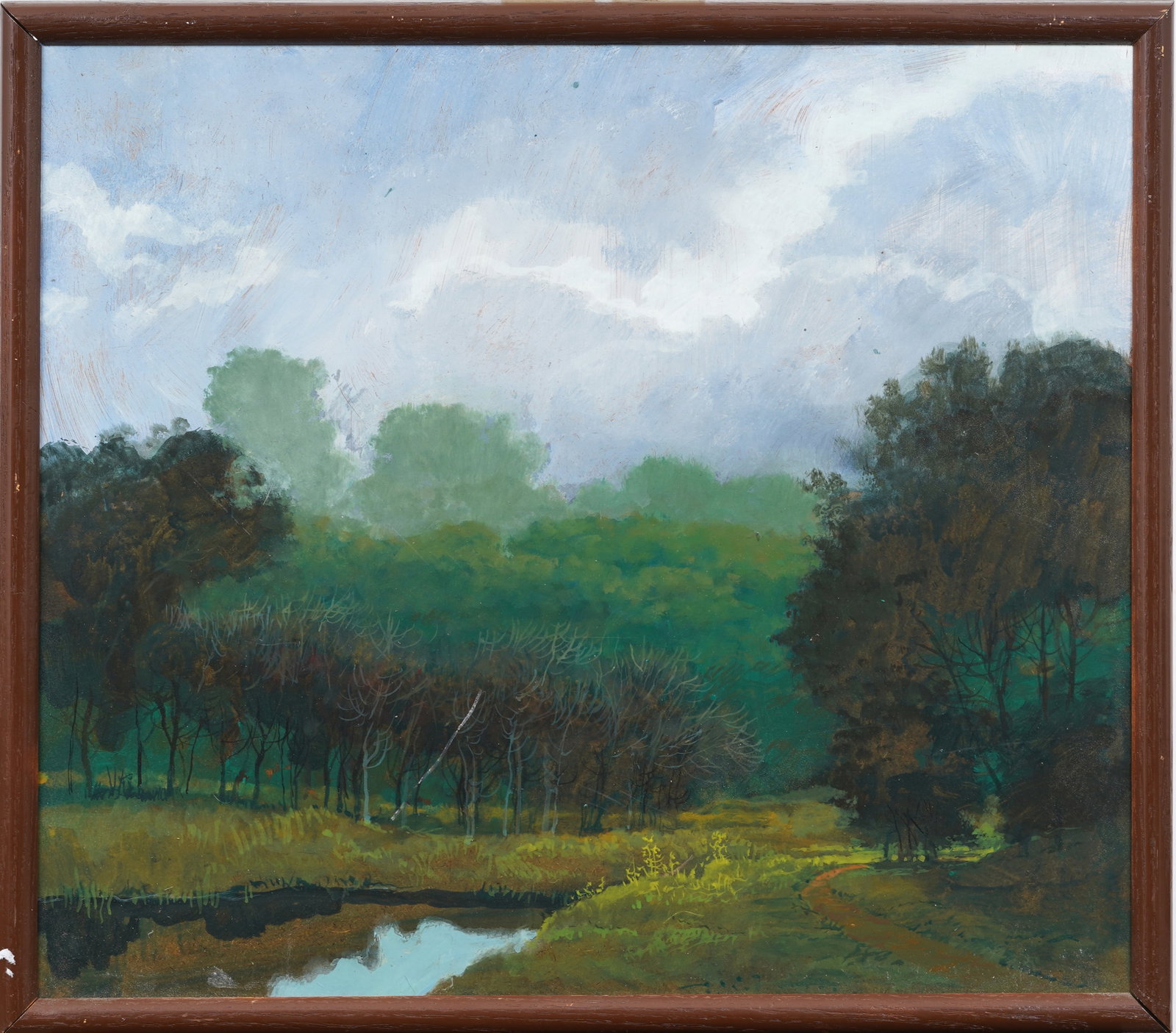 Vintage American Atmospheric Landscape Framed Original Oil Painting: Antique American landscape oil painting . Oil on board. Framed. Measuring: 17 by 19 inches overall, and 16 by 18 painting alone. Please see all images for condition. Size is measured and written on th