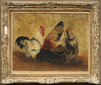 Antique American Original Oil Painting Animal Portrait of Chickens Grazing in Barn Bucolic Landscape