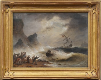 Antique Irish Seascape Shipwreck Coastal Signed Nicely Framed Oil Painting