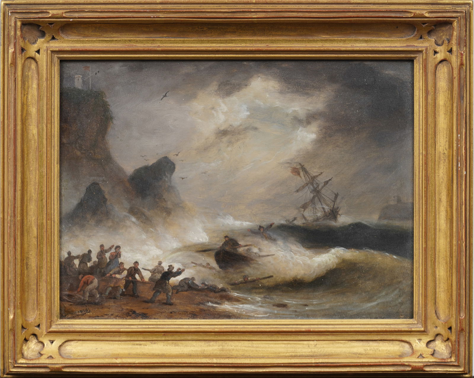Antique Irish Seascape Shipwreck Coastal Signed Nicely Framed Oil Painting (1 of 10)
